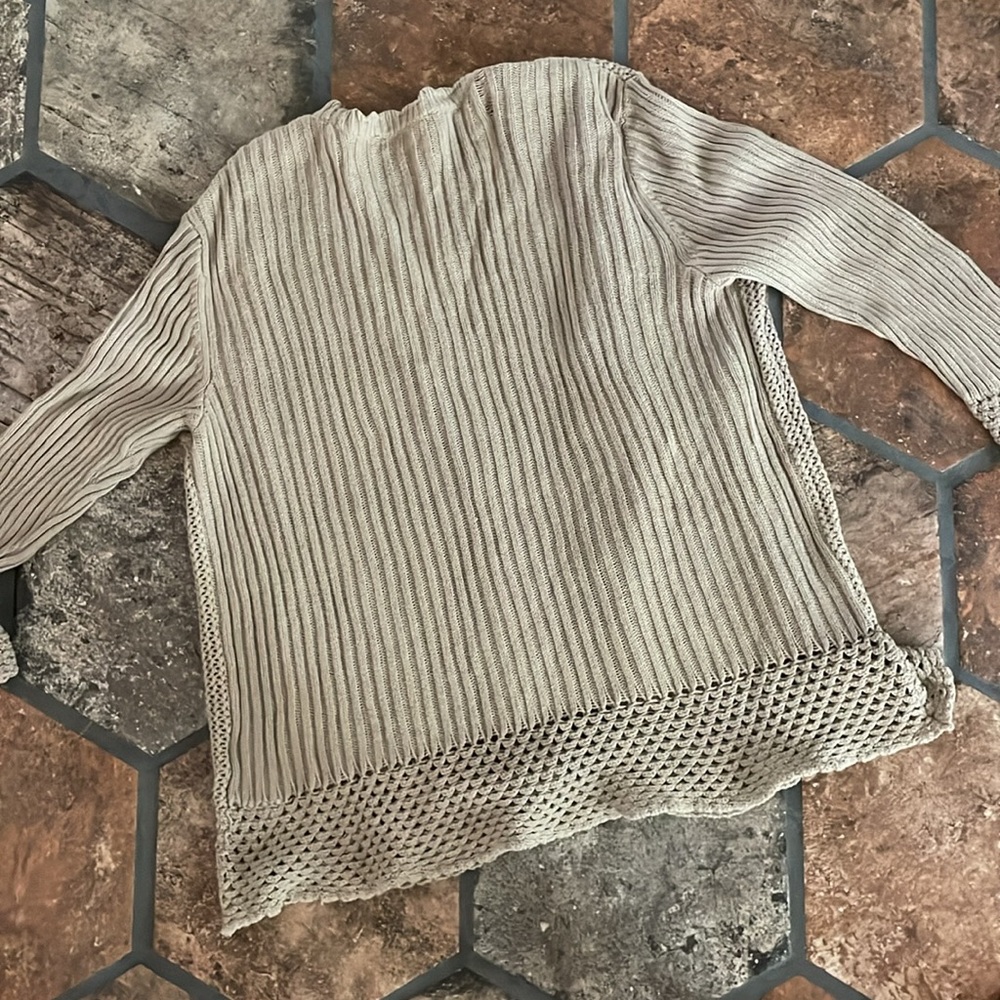 Cotton knit scalloped edge cardigan sweater taupe oatmeal textured cardigan READ - Picture 6 of 9